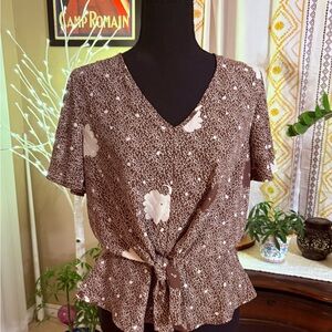 Sienna Sky Brown and Cream Flutter Sleeve Peplum Blouse